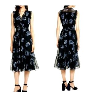 Kate Spade Black Rose Chiffon  Black Midi Dress with Blue Floral Design